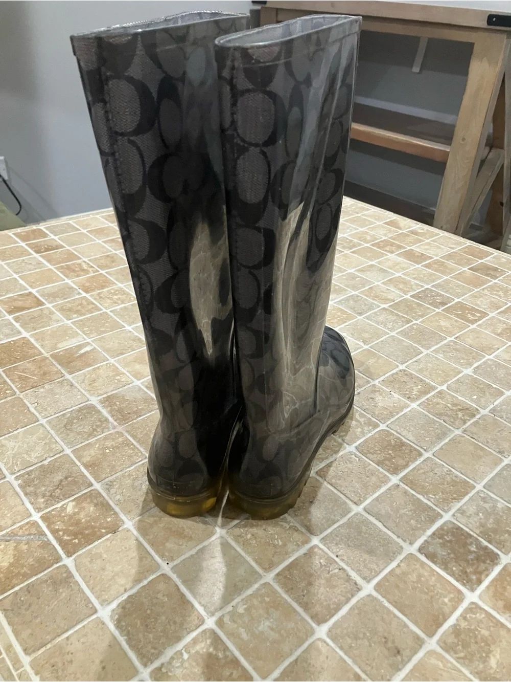 Coach Logo Black Gray Tall Rain Boots